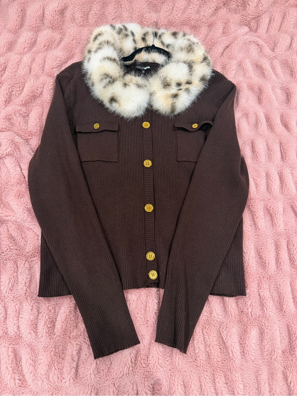 Fashion Nova Brown Ribbed Cardigan with Leopard Faux Fur Collar - Picture 2 of 4